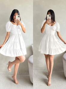 Women Summer Dress New Design Bust Detail Waist Cincher Multi-Layer Ruffle Hem Solid White Vacation Dress - White - View 3