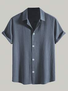 男士短袖休闲纽扣纹理衬衫，防皱夏季沙滩衬衫 - 灰色 - 查看 5