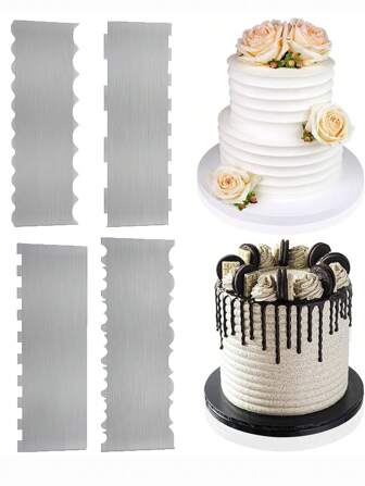 1pc Stainless Steel Cake Scraper, Large Double Sided Pattern Edge Striped Edge Smoothing Scraper, Cake Decoration Pastry Cutter, For Mousse Butter Cream Decoration, Kitchen Gadgets