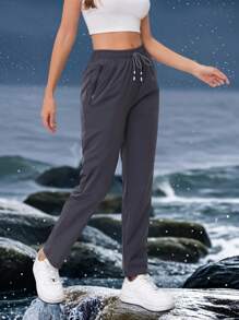 Pantalon de randonnée outdoor léger et respirant pour femmes, taille haute avec cordon de serrage, taille élastique, double poche zippée
