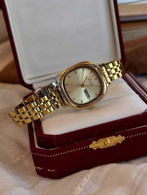 1 Reloj de dama francés retro estilo dorado cuadrado, resistente al agua, con calendario, de cuarzo. Elegante, artístico y personalizado. Ideal para uso diario, fiestas, banquetes, citas, festivales y decoración de muñeca. Incluye herramienta de ajuste.