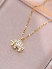1pc Fashionable Elephant Cubic Zirconia Stainless Steel Pendant Necklace, Gift For Mother's Day
