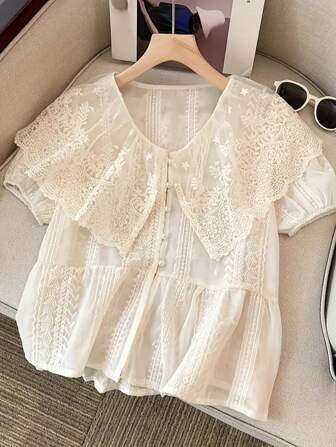 女式刺绣网眼拼布泡泡袖单排扣衬衫，秋季