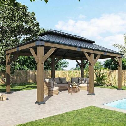 12x20 Ft Solid Wood Hardtop Gazebo With Iron Double Roof – Outdoor Pergola With Wood Frame, Perfect For Garden, Porch, And Patio In Charcoal Gray And Brown