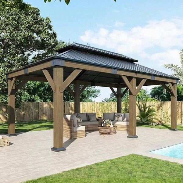 12x20 Ft Solid Wood Hardtop Gazebo With Iron Double Roof – Outdoor Pergola With Wood Frame, Perfect For Garden, Porch, And Patio In Charcoal Gray And Brown