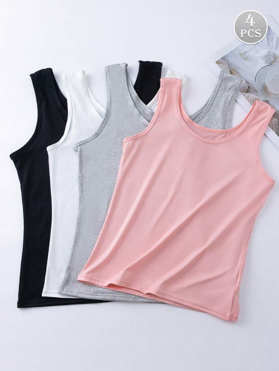 4pcs/Pack Women V-Neck Sleeveless Comfy Casual Tank Top Undershirt - Nhiều màu - Xem 1