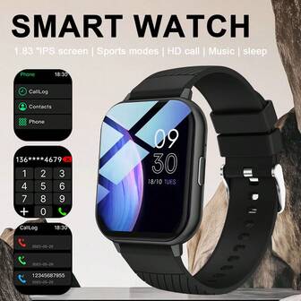 1 件男女通用硅胶表带智能手表，1.83 英寸 TFT 高清触摸屏，带温度、天气预报、蓝牙、运动信息提醒、闹钟、日期显示、来电提醒，兼容 Android 和 IOS，适合日常使用