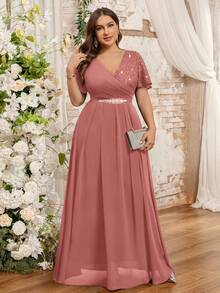 Butterfly Sleeve V-Neck Floral Lace Patchwork Chiffon Diamond Belt Long Evening Dress, Suitable For Wedding Guests, Valentine's Day, Summer, Birthday, Graduation, Back To School And Other Occasions - Dusty Pink - View 10