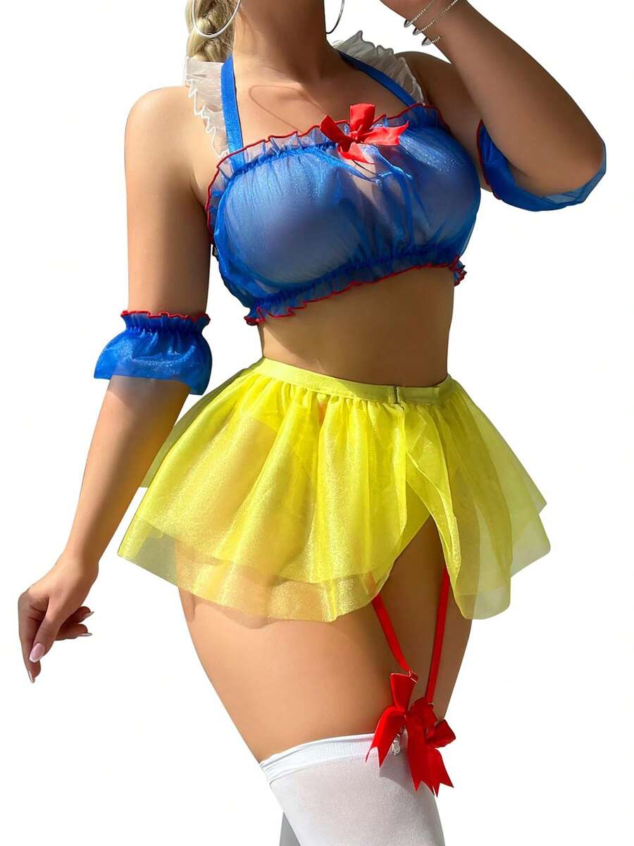 Women Princess Lingerie Costume Mesh Teddy Bra And Panties Garter Skirts With Arm Rings Set For Babydoll Sleepwear - Yellow - View 1