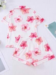 Conjunto de pijama de 2 piezas con estampado floral hawaiano para mujer, blusa de manga corta con cuello y pantalones cortos de cintura elástica, ropa de dormir de moda para fiestas de vacaciones y uso casual en casa