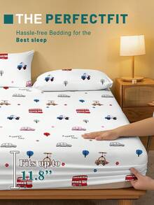 1pc Funny Car Travel Printed Microfiber Fitted Sheet, Bedroom Printed Bed Cover, Mattress Cover, Mattress Protector, Duvet Cover, Dust Protection (Pillow Cases Not Included) - Multicolor - View 4