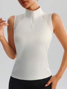 Women Sleeveless Half-Zip Mesh Tennis Tank Top, Stand Collar Breathable Fitness Yoga Active Wear