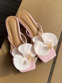 Thai Indie Style Floral Sandals For Women, Comfortable Square Toe Platform Chunky Heels Mules, For Spring & Summer[Note: Flower Petal Color Variation] - Pink - View 4