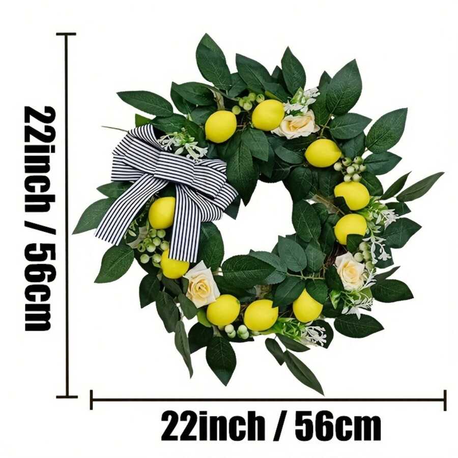 22" Lemon Wreath With Eucalyptus & Bowknot - Vibrant Spring/Summer Home Decor For Front Door, Wedding, Party, Indoor/Outdoor Use - Plastic Material, No Feathers, Classic Style