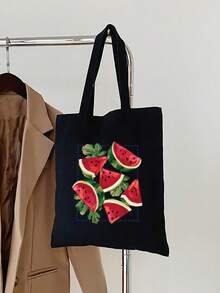 西瓜印花涤纶手提包 - 休闲风格，轻便，开放式封口，固定肩带，可手洗，印花设计的日常通勤单肩包，大容量旅行收纳袋