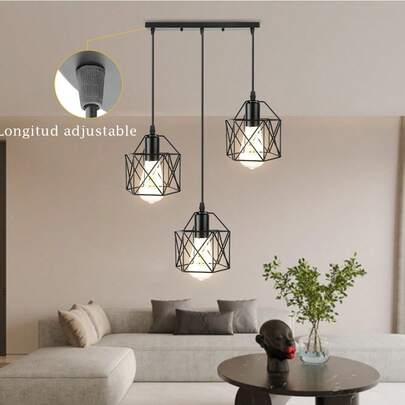 铁质吊灯，矩形/圆形安装，三角形 3 头，E26/E27 灯泡底座，黑色，复古风格，可调节长度，兼容 E26/E27 灯泡，带或不带灯泡，易于安装，硬接线，适用于展览室/阅览室/餐厅/酒吧/卧室/咖啡厅/餐厅/服装店/客厅