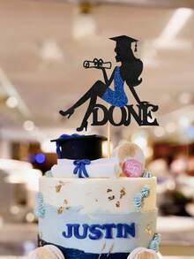 1件預組裝亮片「Done」畢業蛋糕裝飾插牌－女性畢業生剪影蛋糕插牌，適用高中與大學畢業派對裝飾 - 彩色 - 查看 5