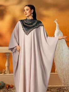 AmazingHoney Luxury Cream Sequin Embellished Jalabiya With Statement Neckline, Loose-Fit Long Kaftan Dress, Elegant Modest Gown For Eid, Ramadan, Wedding Guest, Arabian Occasionwear - Dusty Pink - View 8