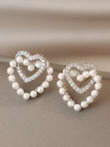 1 Pair Minimalist Elegant Vintage Style Rhinestone Faux Pearl Double Heart Stud Earrings, Suitable For Women As Valentine's Day, Wedding, Daily, Holiday Wear Valentines
