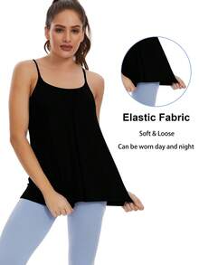 Plus Size Women's Cami With Built In Bra Flowy Tank Top Swing Pleated Shirt Camisole Adjustable Spaghetti Strap With Shelf Bra Cup Pad Loose Tops Summer Beach Casual S-4XL - 黑色 - 查看 5