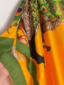1 Set Plus Size Long Shawl Set For Women Faux Silk Peacock Print Shawl & Scarf Set, Perfect For Beach Outings, Sun Protection, Layering, And Daily Wear! - Yellow-green - View 5
