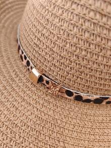 Unisex Boho Leopard Print Decorated Western Style Straw Hat, New Spring/Summer Woven Cowboy Cap, Knight Hat, Beach Vacation Sun Hat, Jazz Hat - View 6