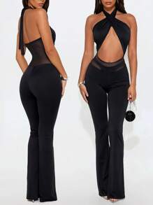 1pc Women's Fashionable Casual Elegant Sleeveless Strappy Mesh Panel Flared Leg Jumpsuit, Suitable For Spring/Summer/Autumn, Adult Party, Graduation, Music Festival, Celebration