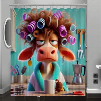 1 stuk Cartoon Fluffy Cow Douchegordijn met haken - Polyester badkamerdecoratie, machinewasbaar, grappig dierenontwerp met paarse scrunchies en blauwgroene badjas, geweven stof voor alle seizoenen, herfstdecoratie, badkameraccessoires, terug naar school