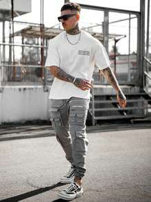 男式休闲图案印花圆领短袖 T 恤 - 白色 - 查看 4