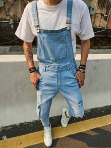 男士 American Workwear 牛仔背带裤，宽松直筒弹力工装裤 - 藍色 - 查看 1