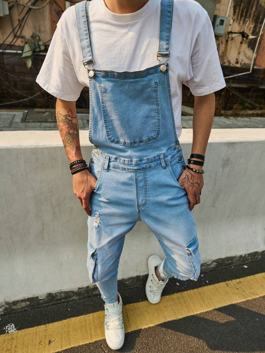 男士 American Workwear 牛仔背带裤，宽松直筒弹力工装裤 - 藍色 - 查看 1