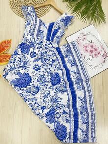 Long Dress PRINTED With Lining With Cup In Beautiful, Fashionable CREPINHO Fabric - Blue - View 4