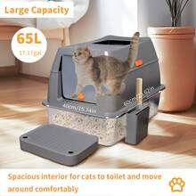 Caja de Arena para Gatos de Acero Inoxidable, Arenero Gatos XXL con Pala, Extraíble Inodoro Cerrado en Forma de U, Antioxidante Cagadero WC Indoro con Cernidor 60x40x40.5cm