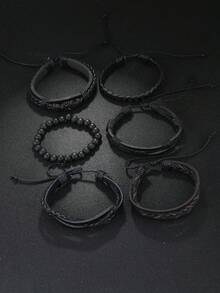 6 件复古编织皮革手链 DIY 套装，男士腕带配饰适合日常佩戴，是送给朋友和家人的绝佳礼物 - 黑色 - 查看 6
