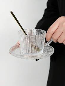 1pc Premium Glass Coffee Cup & Saucer Set, Creative Embossed Striped Textured Cup & Saucer, Elegant Afternoon Tea Cup & Saucer, Household Breakfast Milk Cup - Transparent - View 10