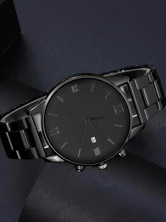 Watch 4pcs Men's Date Quartz Watch Set ,Ncluding Pendant Necklace Bracelet& Ring , The Best Gift For A Man