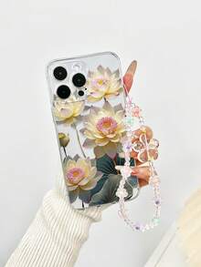 1 pièce Étui de protection pour téléphone épais anti-chute avec fleur de lotus peinte transparente et accessoire de bracelet à fleurs fait main, compatible avec iPhone 16/ 16 Pro/ 16 Plus - Multicolore - Voir 6