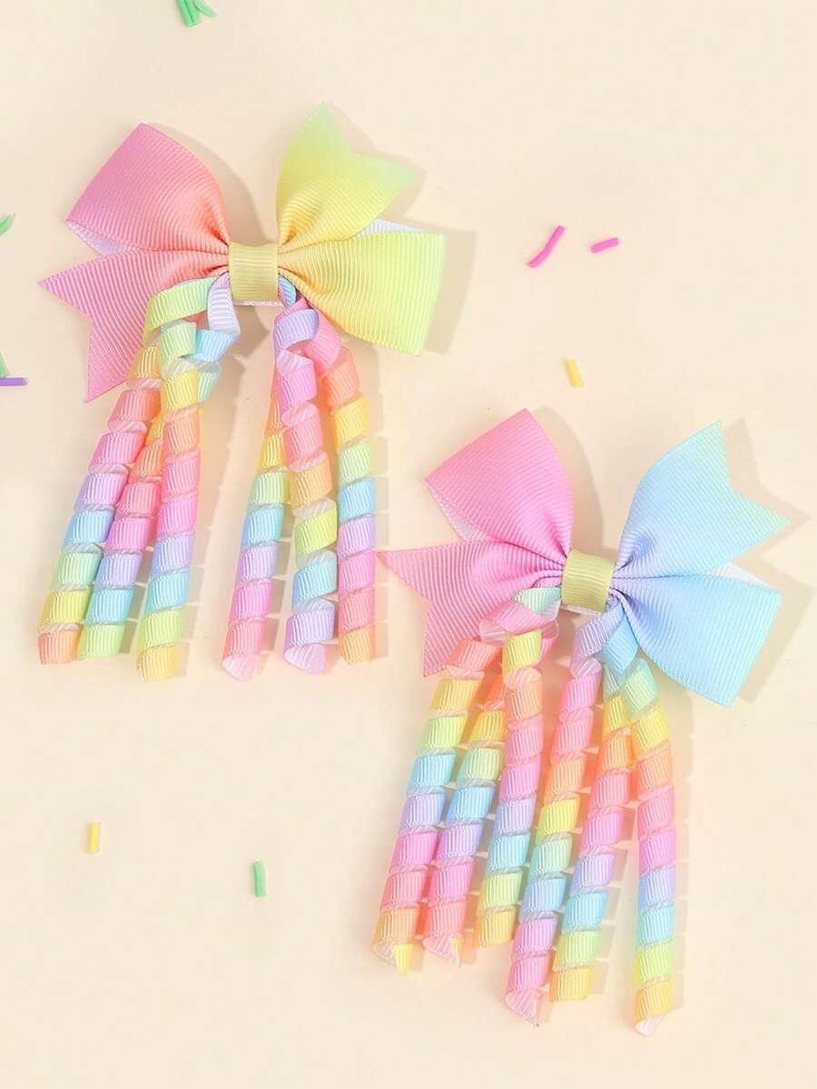 2pcs Rainbow Korker Hair Bows For Baby Girls Ombre Curly Korker Bow Alligator Clips Delicate Elegant Hair Clips Toddler Girl Bows Barrettes Kids Baby Hair Accessories - Gradient - View 1