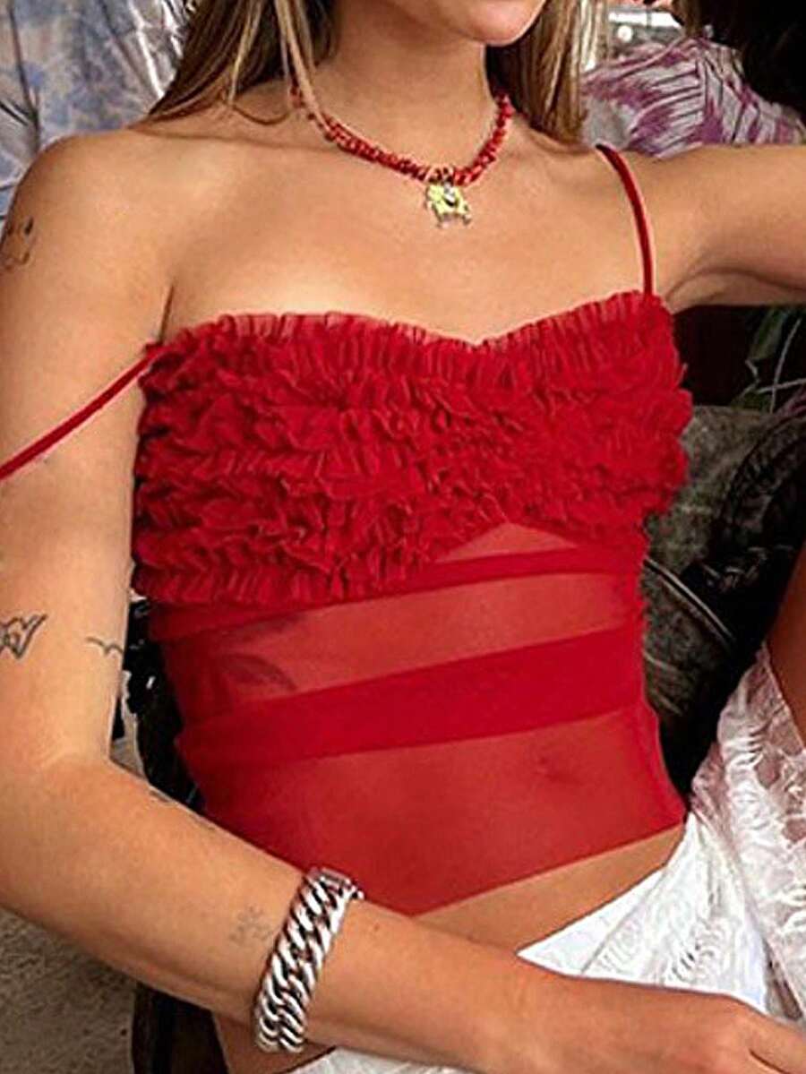 Women's Sexy Mesh Ruffle Cropped Cami Top, See-Through Street Style Spaghetti Strap For Summer - Red - View 1