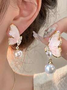 1 对时尚仿珍珠鸢尾花装饰耳环，独特优雅的风格适合女性日常穿着、外出、拍照、送给女朋友或伴娘的礼物（宝石颜色各异） - 藍色 - 查看 5