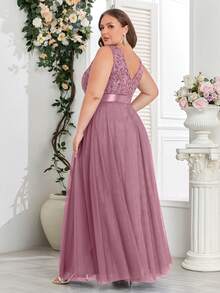 Plus Size Contrast Sequin Embroidered Mesh Bridesmaid Dress,Prom Gown, For Wedding Guest Gown, Graduation, Dinner Party Dress - Dusty Pink - View 3