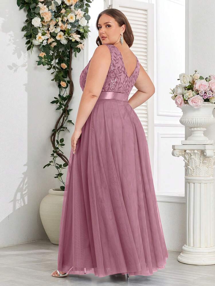 Vestido de dama de honor de línea A con escote en V sin mangas, bordado floral y lentejuelas de malla, talla grande, elegante vestido de fiesta, vestido de noche formal, vestido de invitada de boda para graduación primaveral - Rosa vieja - Añade 2