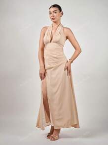 Andrea Bello Robe en mousseline de soie fluide à col V profond et dos nu pour mariage, printemps été
