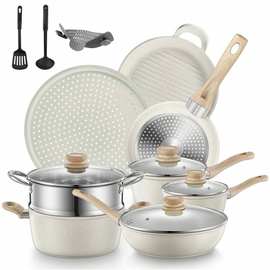 Pots And Pans Set With Lids 15 PCS, Aluminum Nonstick Induction Cookware Sets, With Frying Pans, Saucepans, Stock Pot, Pizza Pan, Griddle Pan, And Food Steamer, Silicone Food Strainer, White - 白色 - 查看 1