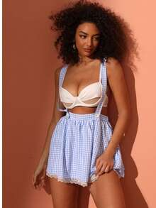 Y2K 风格女式复古格子性感吊带连衣裙 - 藍白色 - 查看 5