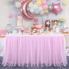 1pc Pink Tulle Edged Reusable Table Skirt, Wedding/Birthday Party Table Decoration - Pink - View 6