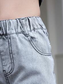 Girls' Wide Leg Jeans, Children's Washed Blue Heart Patch Casual Loose Fit Denim Pants, Relaxed Waist Jeans, Fashion Streetwear For Girls - Light Grey - View 4