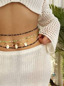 4pcs Shell Beads Layered Bohemian Rustic Body Jewelry Chain, Women Body Waist Chain Necklace