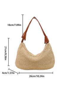 女士编织手提包，新款休闲草编单肩包，林地风格沙滩手提包腋下斜挎包 - 棕色 - 查看 5
