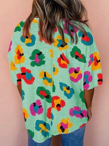 Oversized Colorful Leopard & Floral Print Loose Dropped Shoulder Short Sleeve T-Shirt, Summer - Multicolor - View 2